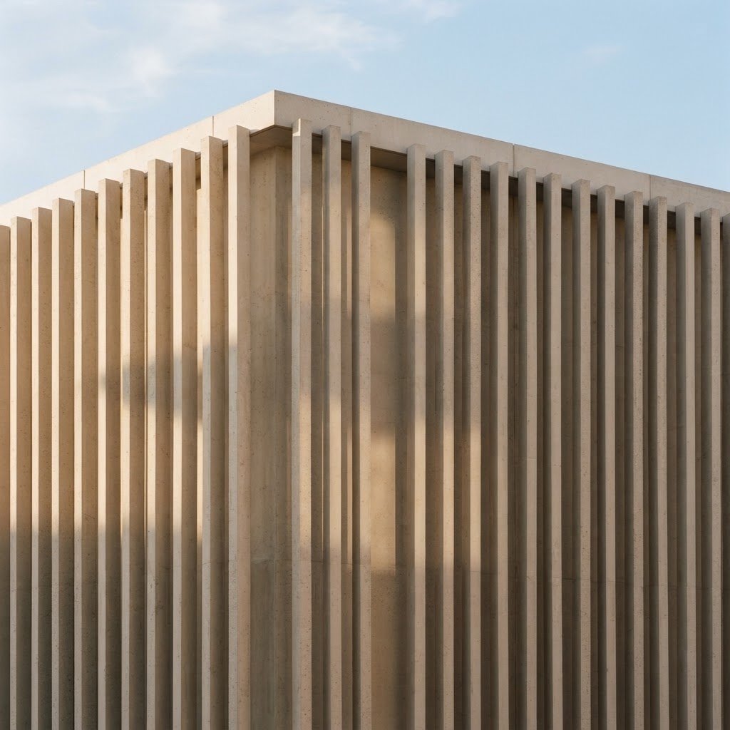 An architectural facade with rhythmic vertical fins casting soft shadows