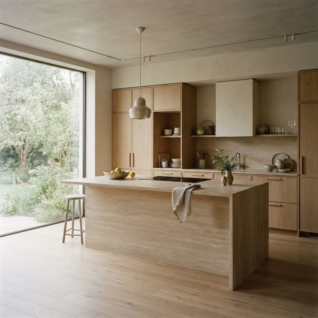 A serene minimalist kitchen with a stone island and oak cabinetry