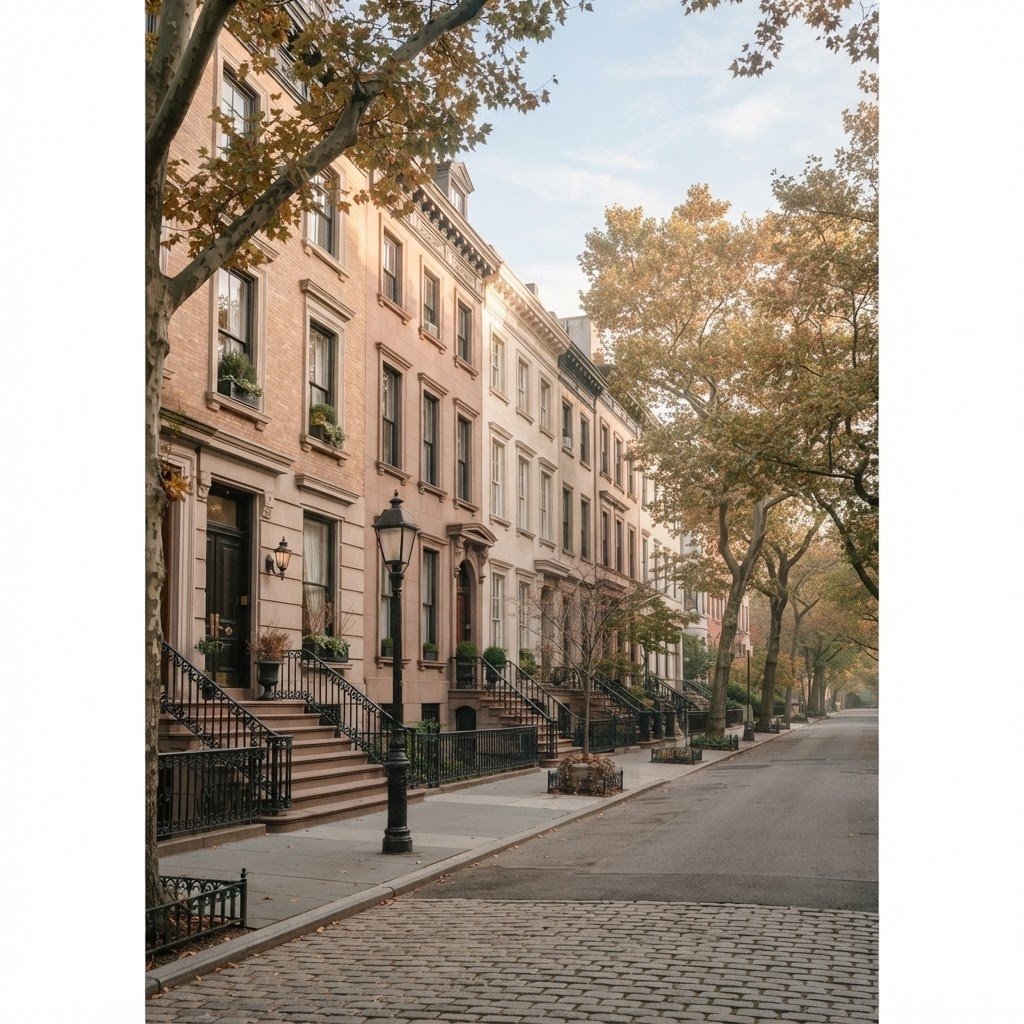 A quiet tree-lined New York brownstone street in soft morning light