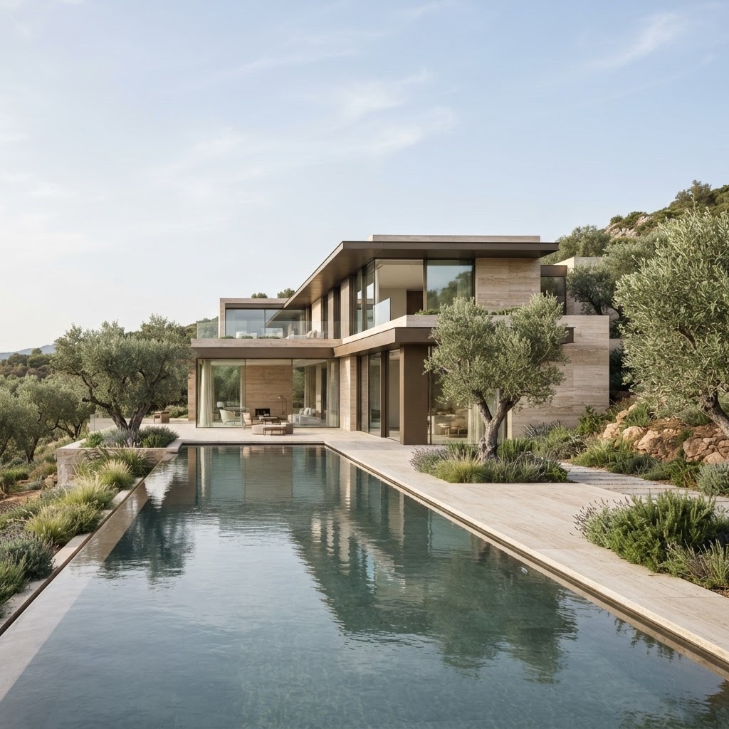 Villa Miroir beside a reflecting pool