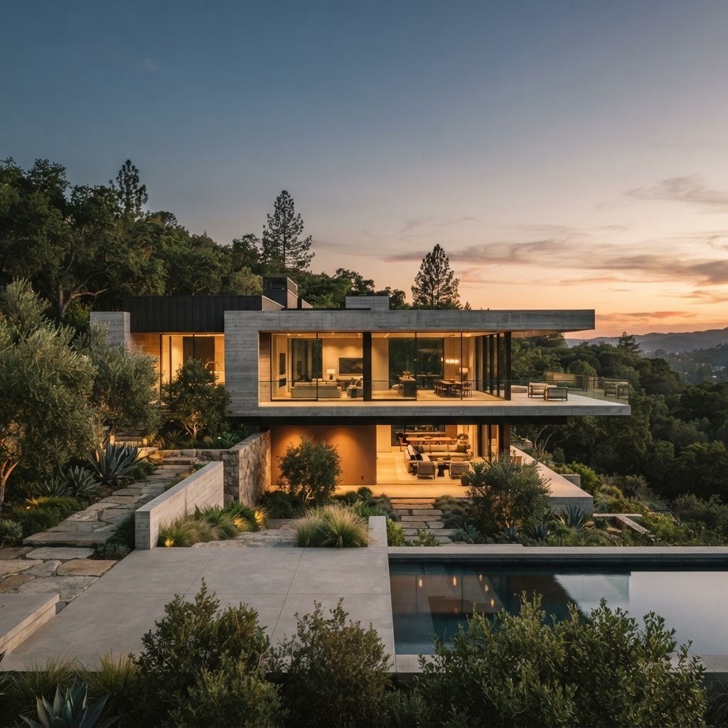 Contemporary residence among mature trees